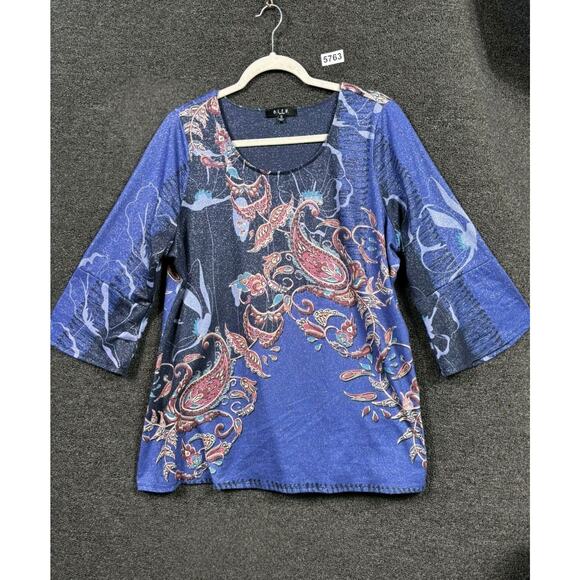 Bleu Knit A- Line Blouse Womens Size 1X Blue Paisley Shimmer 3/4 Sleeve - Picture 1 of 6